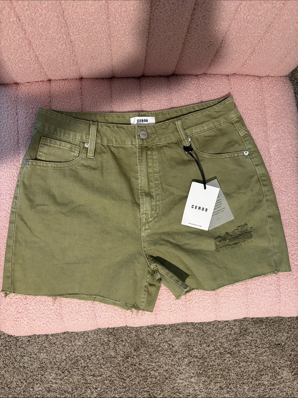 CEROS Olive Green Denim Shorts with Frayed Hem